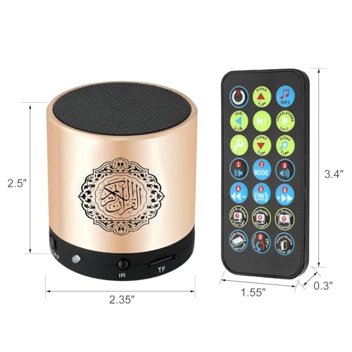 Portable Digital Quran Speaker,Bluetooth Speaker,with Remote Control,MP3 Player,USB Rechargeable,8GB Storage,18 Reciters,15 Translations,Arabic,English,French,Urdu & More (Gold) - color: Gold