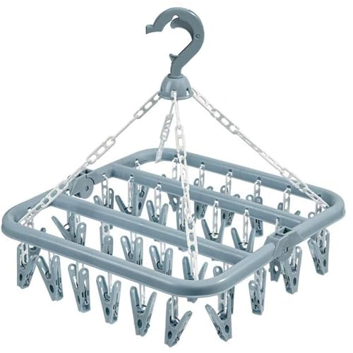 Clothes Drying Hanger with 32 Clips and Drip Foldable Hanging Rack (Light Blue)
