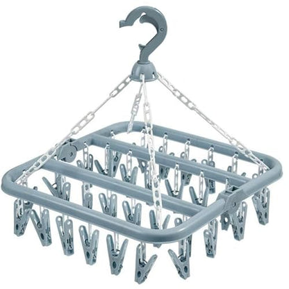 Clothes Drying Hanger with 32 Clips and Drip Foldable Hanging Rack (Light Blue)