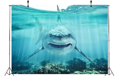 BELECO 5x4ft Fabric Shark Under The Sea Backdrop Underwater World Ocean Aquarium Background Theme Party Decorations Banner Birthday Photoshoot Studio Props Wallpaper - size: 5x4FT