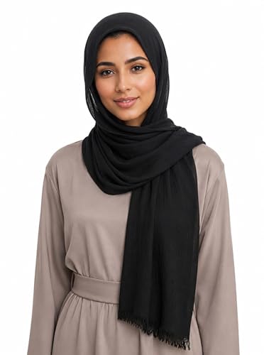 Cotton Linen Plain Hijab Scarf For Women,Muslim Viscose Crinkle Edge With Fringe,Summer Beach Wrap Headwraps Shawl - color: 1#black