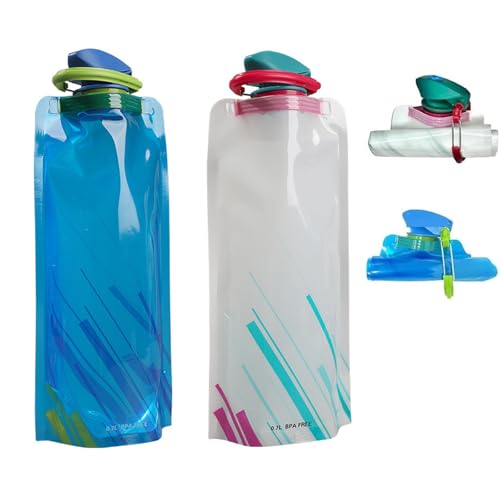 Collapsible Water Bottles for Travel – 23oz Foldable Water Bottle with Carabiner,Leakproof BPA-Free Water Jup, Portable Reusable Water Bottle for Hiking,Sports,Camping,Biking (White+Blue) - color: White+Blue