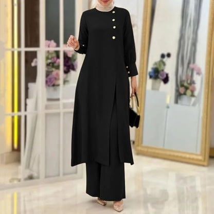 2 Piece Muslim Outfits For Women Long Sleeve Button Down Shirt And Baggy Pants Casual Dress Outfits Prayer Clothes - color: Black, size: Medium