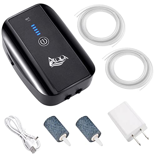 AQQA Aquarium Air Pump Battery Rechargeable Fish Air Pumps | 5W, Portable Bubbles Oxygen Pump Aquarium Aerator Fresh & Saltwater Aquariums Air Pumps with Air Stone, Tubes, USB Cable - size: 5W for 1-160Gal tank