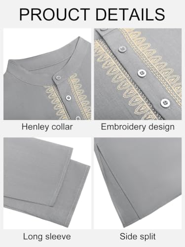 Yousify Mens Kaftan Thobe Casual Henley Shirts - color: Grey, size: X-Large