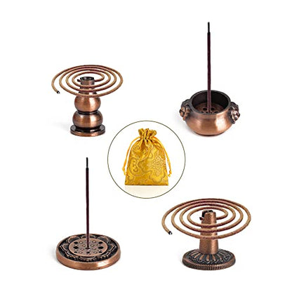 Sakura Flower Incense Holder, 5Pcs Red Bronze Incense Burner Holder with Silk Pouch, Bowl-Shape, Lotus Multi-Holes, Cone Shape and Gourd-Shape for Yoga Living Room Bedroom Home Fragrance - color: Red Copper, 5 Pcs