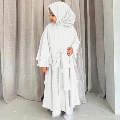 IDOPIP Muslim Girls Abayas Dress for Kids Long Sleeve Chiffon Islamic Kaftan Robe Open Front Cardigan Prayer Dress with Hijab - color: White, size: 4-5T