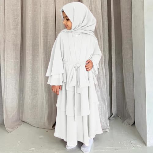 IDOPIP Muslim Girls Abayas Dress for Kids Long Sleeve Chiffon Islamic Kaftan Robe Open Front Cardigan Prayer Dress with Hijab - color: White, size: 13-14 Years