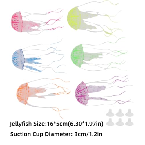 6 Pack Silicone Jellyfishes Lifelike Aquarium Decor with Transparent Suction Cups Water Flow Movement for Fish Tank Ornament