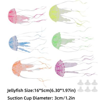 6 Pack Silicone Jellyfishes Lifelike Aquarium Decor with Transparent Suction Cups Water Flow Movement for Fish Tank Ornament