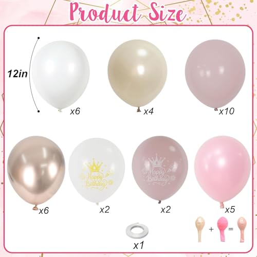 Dusty Pink Beige Gold Birthday Balloons for Women Girls, Double Stuffed Pearl Light Pink Dusty Rose Sand White Cream Printed Balloons with Metallic Light Gold Balloon for Boho Neutral Birthday Party - color: Dusty Pink White Birthday