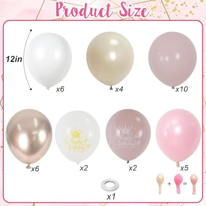 Dusty Pink Beige Gold Birthday Balloons for Women Girls, Double Stuffed Pearl Light Pink Dusty Rose Sand White Cream Printed Balloons with Metallic Light Gold Balloon for Boho Neutral Birthday Party - color: Dusty Pink White Birthday