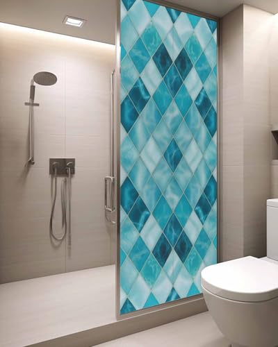 Window Privacy Film Teal Blue Diamond Window Clings for Glass Windows Modern Geometric Lines Windows Film Static Cling Frosted Windows Sticker Covering for Bathroom Living Room Office 29.5"x78.7" - size: 29.5"x78.7"