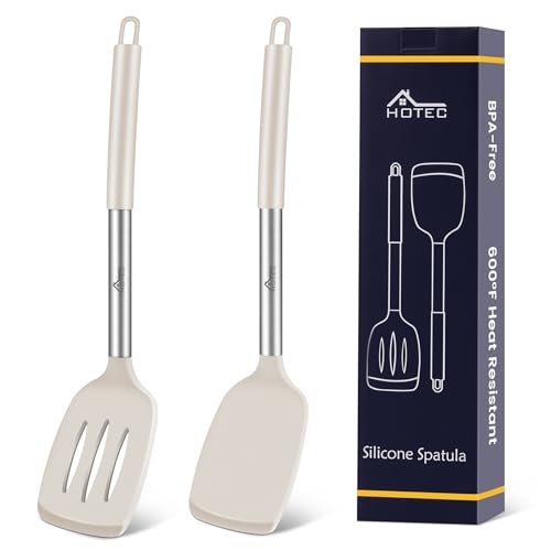 HOTEC Silicone Spatula Set of 2 Heat-Resistant 600°F & BPA-Free Kitchen SaptulaTurner with Stainless Steel Handles, Slotted & Solid Spatulas for Nonstick Cookware, 13.7 Inch, Khaki - color: Khaki