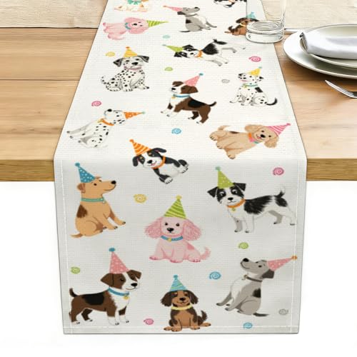 Puppy Dog Table Runner, Home Party Holiday Party Indoor Outdoor Decor - color: Cute Dog Birthday Party