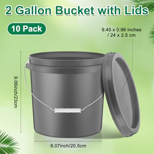 Tioncy 10 Pcs 2 Gallon Plastic Buckets with Lids and Handles,Grey | Storage Pails for Paint, Cleaning, Organizing, Durable Containers, Metal Handles, Plastic Material - color: Gray
