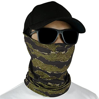 Fishing Face Mask Neck Gaiter - UV Sun Protection Cover for Men Women | Moisture-Wicking, Quick-Drying, Lightweight, Camo Design, Multi-Style Headwear, SPF Sun Shield - color: Olive Tiger Stripe