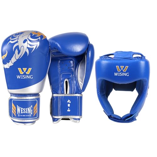 WESING Martial Arts Headgear Gloves Set Boxing Headgear 10oz Boxing Gloves for Men Women Kickboxing Sparring Training - color: Blue, size: Medium