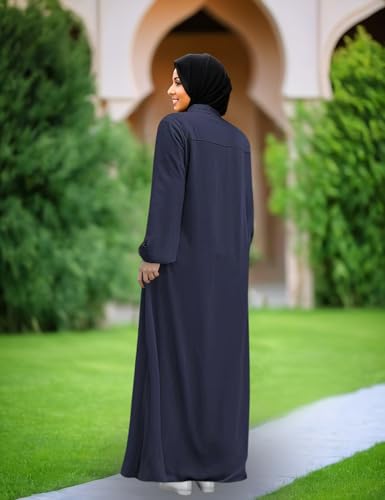 Womens Muslim Abaya Dress Front Zipper 2 Pockets Long Sleeve Prayer Islamic Clothes with Hijab Cap - color: Blue, size: X-Large