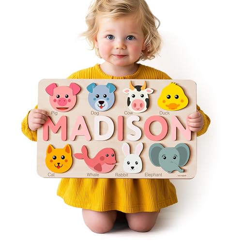Zuzu Wooden Personalized Puzzle with Name and Animals - 12 Different Sets | First Birthday Gift for Toddlers Boys and Girls | Heirloom Keepsake - color: Animals