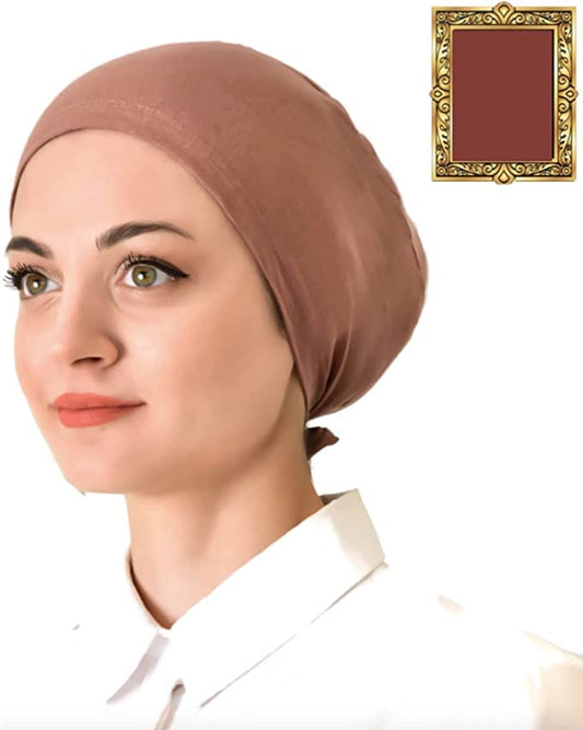 Muslim Mini Hijab Cap for Women, Hijab Undercap, Inner Bonnet, Turkish Hijab Underscarf Cap 100% Cotton 2pcs/Set - color: Brown