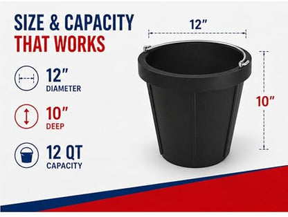 Bon Heavy Duty Rubber Pail 12 Qt – Durable Chemical Resistant 12 in. x 10 in. Molded Pail for Jobsite and Utility Use