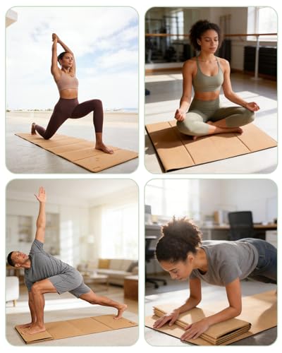 Rocalt Foldable Cork Yoga Mat, Non Slip Travel Pilates Workout Mat | 69 x 24 x 0.25 in, accordion-fold design, POE backing, carry strap for yoga, stretching and travel