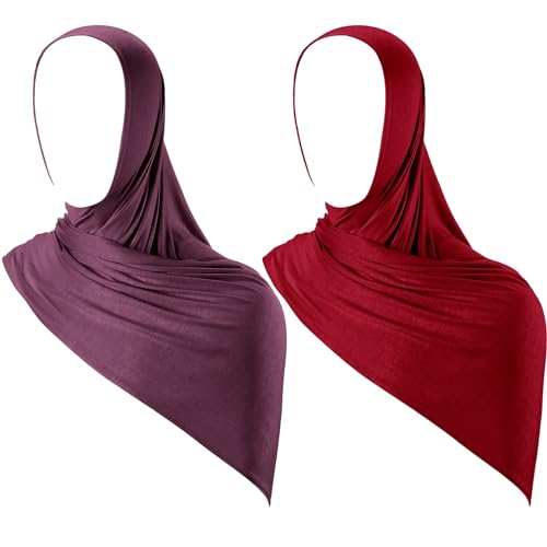 Handepo 2 Pcs Instant Hijab Jersey Hijab for Women Muslim Head Scarf Soft Lightweight Long Stretch Scarf Shawl Wrap - color: Purple, Wine Red