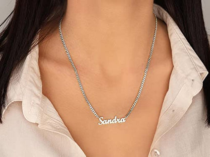 TinyName Custom Name Necklace Personalized 18K Gold Plated Nameplate Customized Jewelry Gift for Women - color: Horizontal Name Necklace-Curb Chain