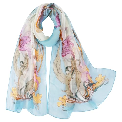 E-Clover Women Soft Floral Print Shawl Chiffon Sheer Scarf - color: Blue Lily
