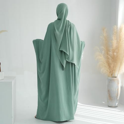 ODIZLI Abayas For Women Muslim Dubai Full Cover Kaftan Shirt Dress Batwing Sleeve Prayer Dress With Hijab - color: Green + Hijab, size: One Size