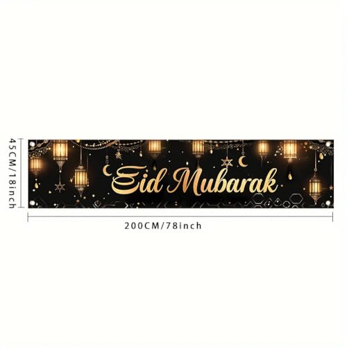 Eid Mubarak Outdoor Yard Banner 79x18 Inch Black Gold Islamic Lantern Crescent Moon Hanging Lights Backdrop for Muslim Ramadan Eid al-Fitr Lawn Fence Party Decorations