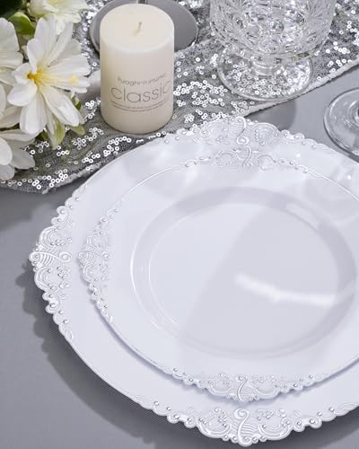 Nervure 350PCS Silver Plastic Dinnerware - White and Silver Disposable Plates for 50 Guests - 100 Disposable Plates, 150 Plastic Silverware, 50 Cups, 50 Napkins for Wedding & Party - color: White Silver, style: 350Pcs(50Guests)