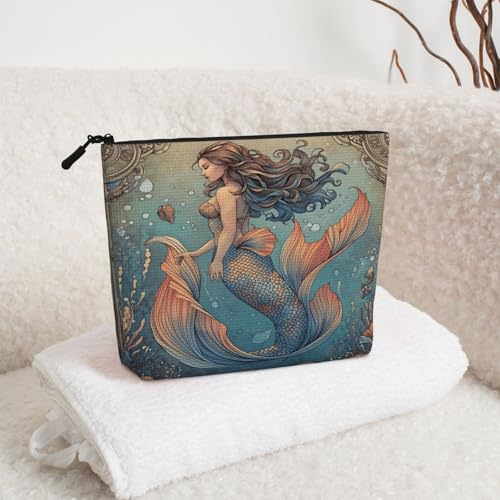 Mermaid Ocean Fantasy Fake Hemp Makeup Bag Travel Bags Toiletry Pouch With Zipper 9.45 X 6.7 In - color: Mermaid Ocean Fantasy