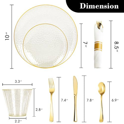 HOMIP 175PCS Plastic Dinnerware Set (25 Guests), Clear Party Plates Include 25 Dinner Plate, 25 Dessert Plate, 25 Cups, 25 Gold Cutlery Set And Pefect for Party and Wedding - size: 175PCS