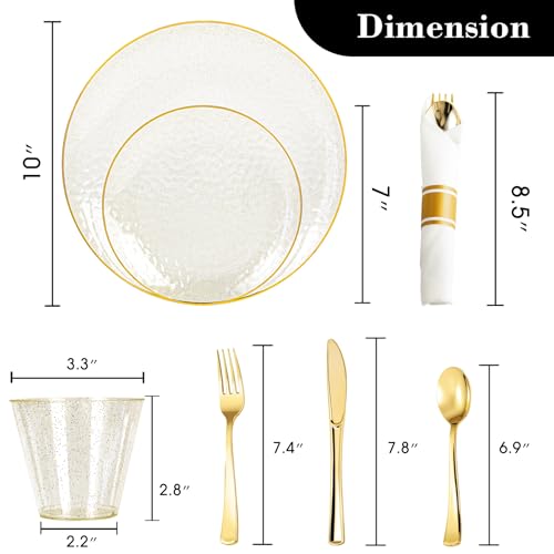HOMIP 350 PCS Plastic Dinnerware Set (50 Guests), Clear Party Plates Include 50 Dinner Plate, 50 Dessert Plate, 50 Cups, 50 Gold Cutlery Set And Pefect for Party and Wedding - size: 350PCS