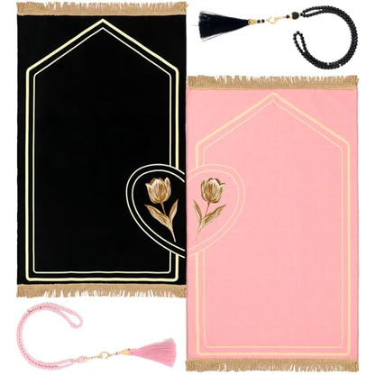 Drydiet 2 Pcs Muslim Couple Prayer Rug Set Heart Design with 2 Pcs Prayer Beads Islamic Muslim Gift Black and Pink Travel Mat Soft Velvet Mat for Couple Women Men Ramadan Eid Wedding Birthday - color: Black and Pink