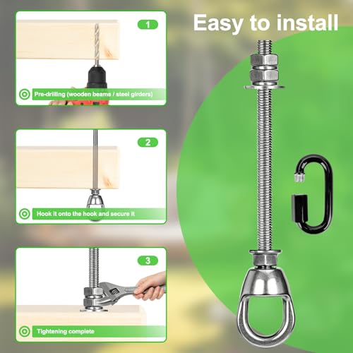 Heavy Duty 800LBS Punching Bag Hanger Swivel Ceiling Hook, 360 Bearing Rotation Stainless Steel Swing Anchor with Quick Release Carabiner, Anti Loose Double Nut Mount for Boxing Hammock Swing