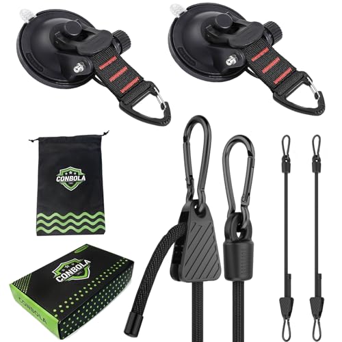 CONBOLA Suction Cups Hooks with 48-inch Adjustable Bungee Cords Set,Adjustable from 7" to 48",Car Camping Essentials Heavy Duty Tie Down Strong Power for RV Boat Window Glass Camping Trap. - color: Classic Red Line With Bungee Cord Set, size: Black-4 Piec