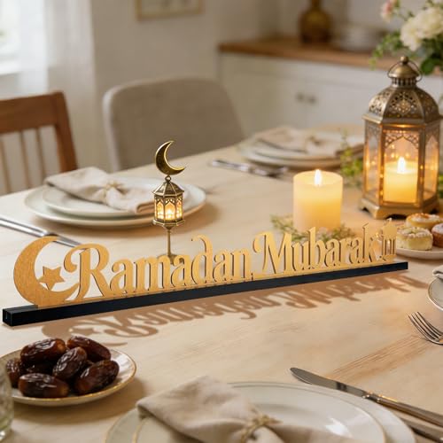 22 Inch Ramadan Mubarak Table Decor Wooden Ramadan Mubarak Sign Islamic Tabletop Centerpiece Eid Mubarak Decoration for Home Indoor Ramadan Party Desktop Display