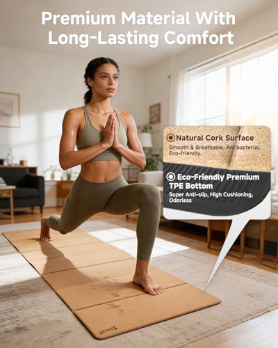 Rocalt Foldable Cork Yoga Mat, Non Slip Travel Pilates Workout Mat | 69 x 24 x 0.25 in, accordion-fold design, POE backing, carry strap for yoga, stretching and travel