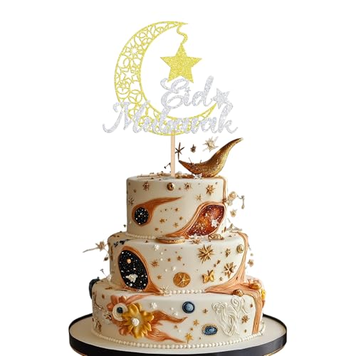 1 PCS Eid Mubarak Cake Topper Glitter Moon Star Cake Pick Islamic Muslim Eid Mubarak Cake Decorations for Festival Ramadam Kareem Theme Ramadan Party Cake Decorations Supplies Gold Silver - color: Style 7-gold Silver
