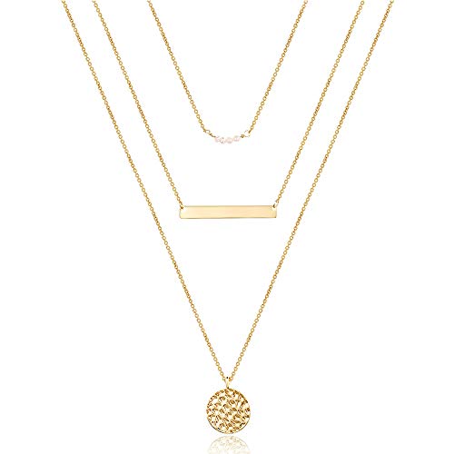Turandoss Dainty Layered Choker Necklace, Handmade Y Pendant Necklace Multilayer Bar Disc Necklace Adjustable Layering Choker Necklaces for Women - style: "3PCS - simulated Pearls&Bar&Hammered Disc