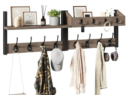 YMYNY 31.5" Coat Rack Wall Mount with Shelf, 4 in 1 Key and Coat Hanger with 12 Metal Hooks, Wall Shelf with Hooks & Mail Holder for Living Room, Bedroom, Silver Gray, HWS007Y-2 - color: Silver Gray, size: 31.5" - 4-in-1