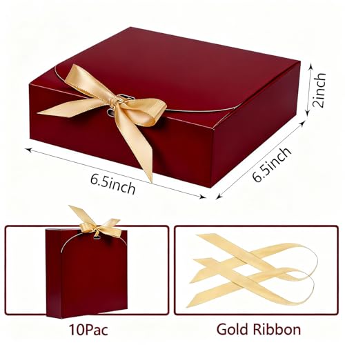 WLUSEAXI 10pack Gift Boxes with Lids, 6.5''x6.5''x2'' Red Gift Boxes For Presents, Paper Boxes with Ribbon for Birthday Wedding Party Chocolate Candy - color: Red