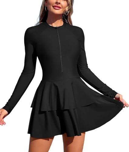 ZAFUL Women Long Sleeve One Piece Rash Guard Modest Swim Dress Bathing Suit - color: 0-black, size: Medium