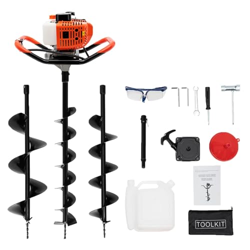 52CC Auger Post Hole Digger, 2-Stroke Gas Powered Earth Auger with 3 Drill Bits (4", 6", 8") and Extension Rod for Fence Posts, Planting, Gardening, and Farmland