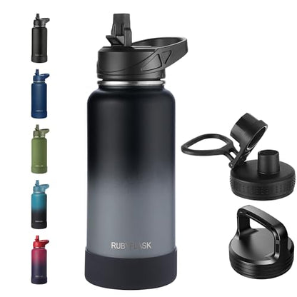 RUBYFLASK 32 oz Insulated Stainless Steel Water Bottle with Straw | 3 Lids, Wide Mouth, Metal Vacuum Leakproof Water Jug Flask and Handle, Large Thermal Cup with Silicone Boot, Blackgrey - color: N-Black Gray, size: 32 Ounces