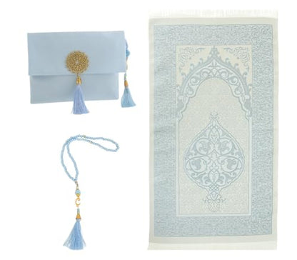 Prien Muslim Prayer Rug with Tasbih and Portable Bag, Muslim Gift for Women Men, Mubarak Islamic Box, Soft Mat Islam Gifts Set, Turkish Sajadah for Ramadan, Eid, Hajj, Travel, Pray (Blue) - color: Blue