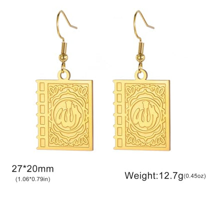 Earring with Allah square-shaped Earring Islam Surah Koran Muslim Amulet Allah Earring Religious Earring Jewelry for Birthday - color: Allah-E-G